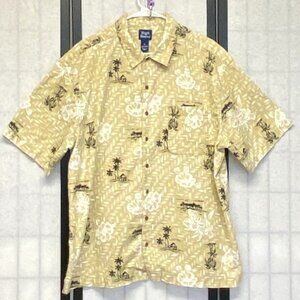 High Sierra Linen Blend Button Front Shirt XL Palm Hibiscus Khaki Tropical Print
